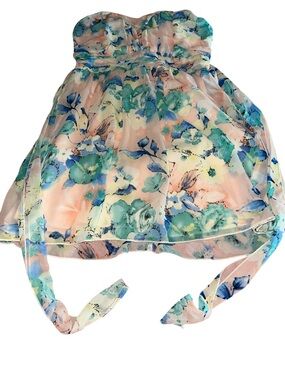 Trixxi Floral Strapless Chiffon dress with tie Pastel Peach & Aqua Size S